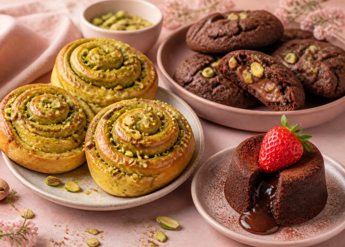 Cinnamon rolls de pistache, cookies recheados e mini bolo vulcão da Mellow